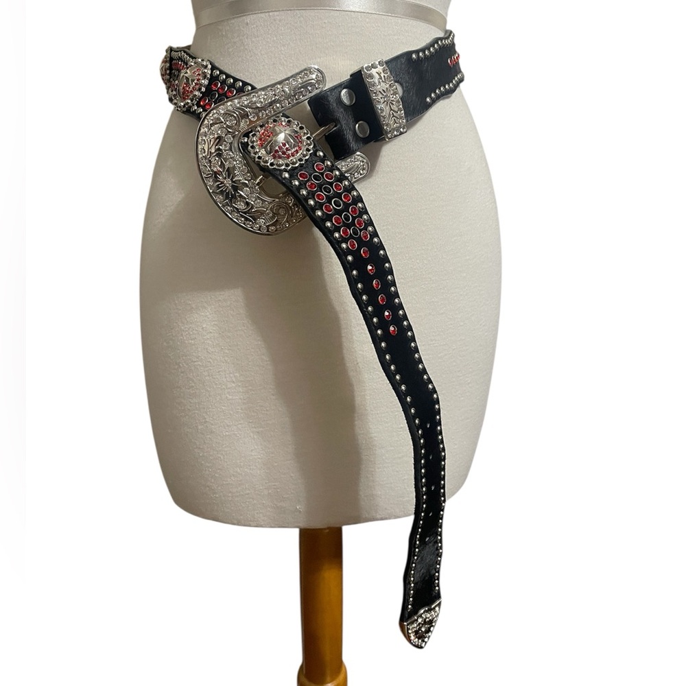 Blingy Red & Black Cross Embellished Cowhide Leather Belt